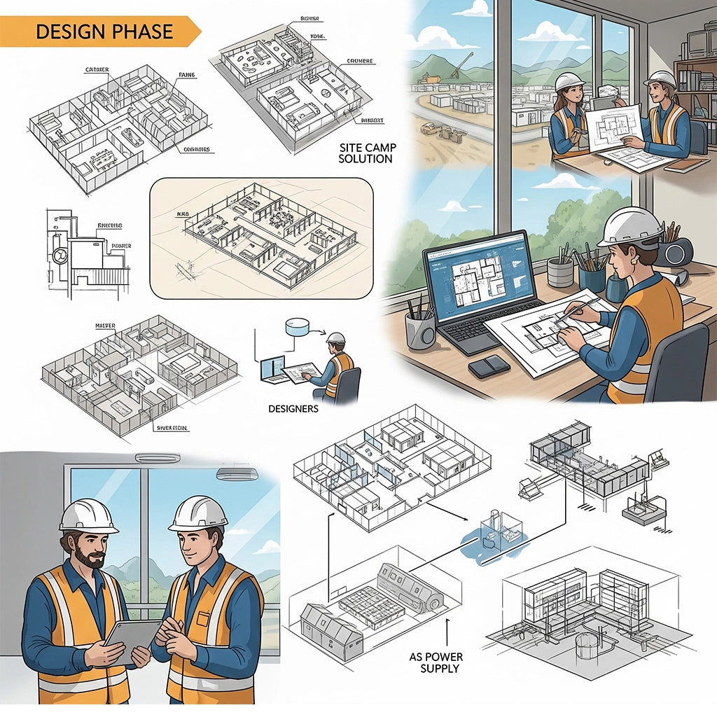 Illustration of architectural design phase with floor plans, site camp solution, and designers working on blueprints.