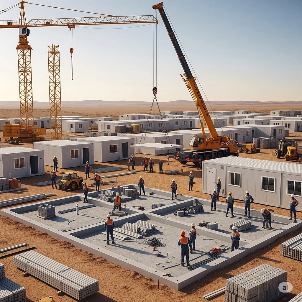 Construction site with workers and cranes in a desert-like setting
