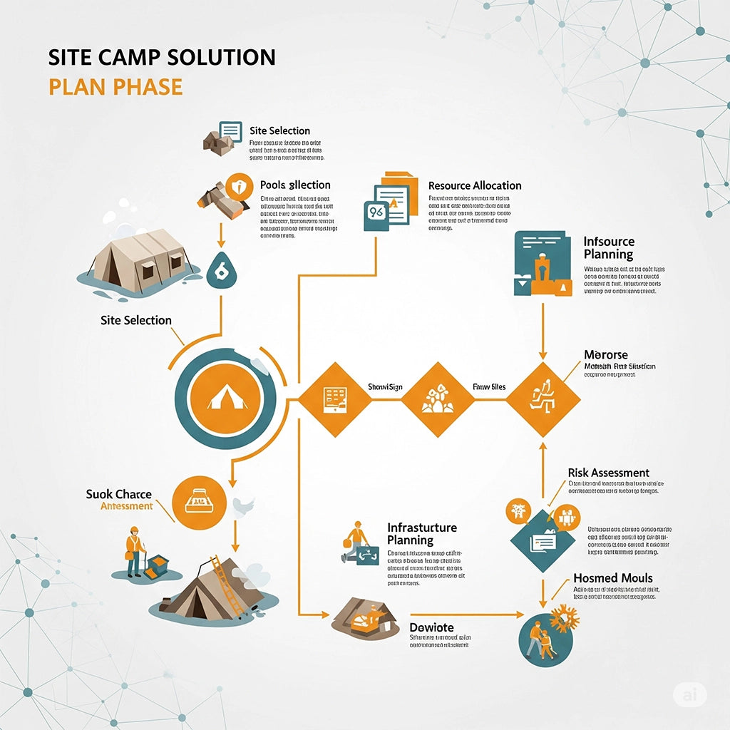 Site camp solution plan phase infographic with icons and text on a white background