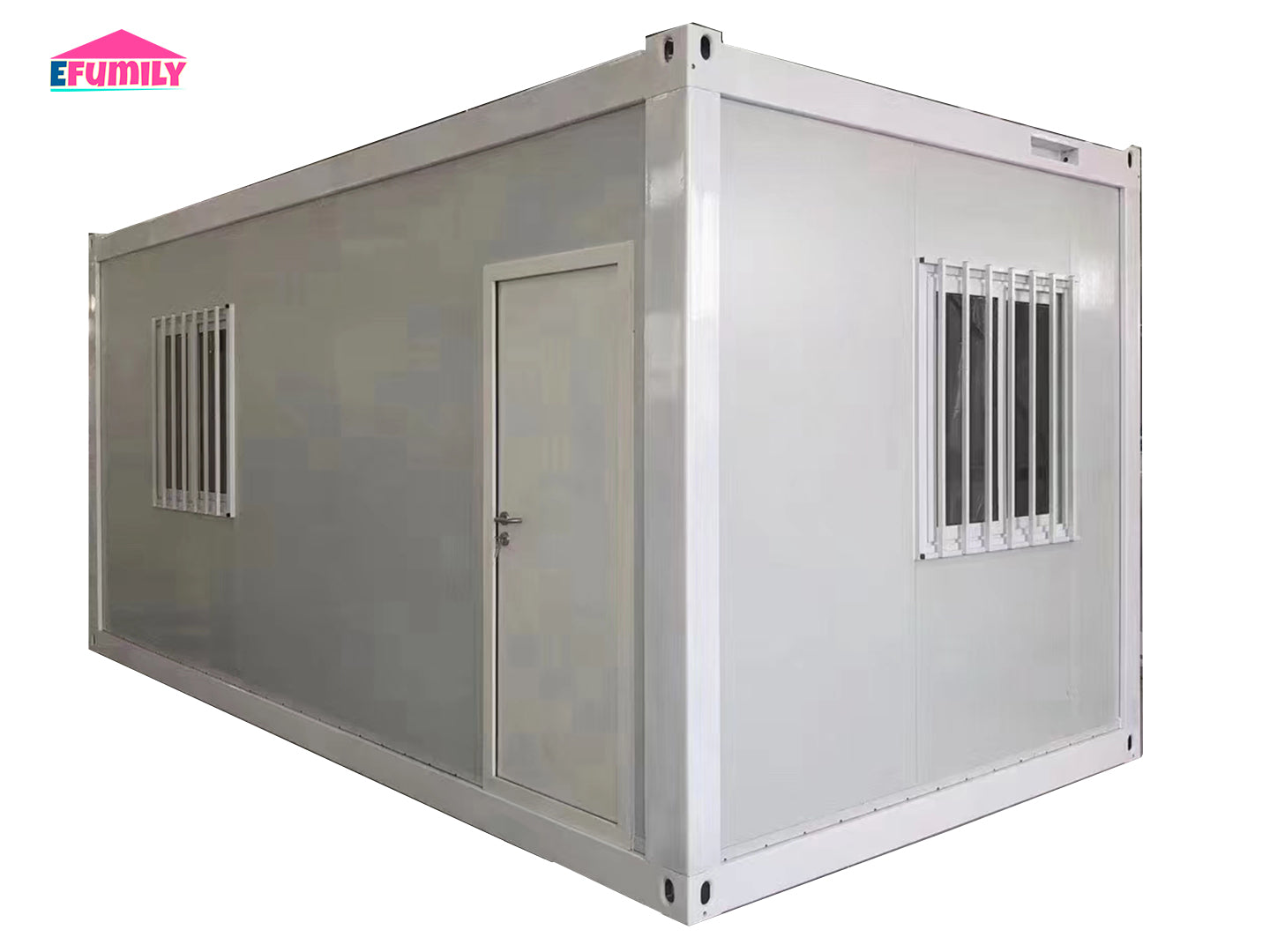 Modular building container with door and windows on a white background, featuring the EFAMILY brand.