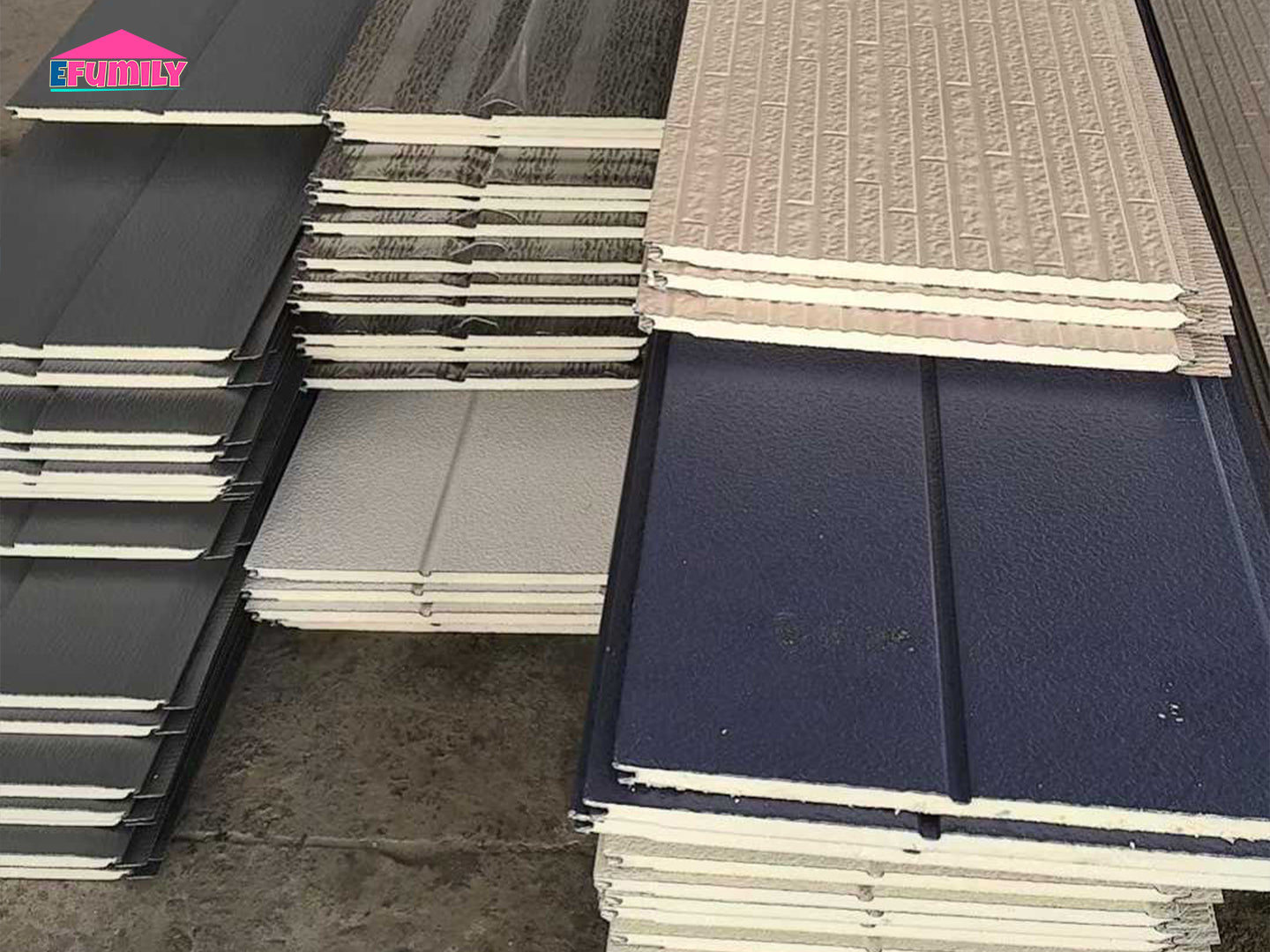 Stacks of metal roofing panels on a concrete surface
