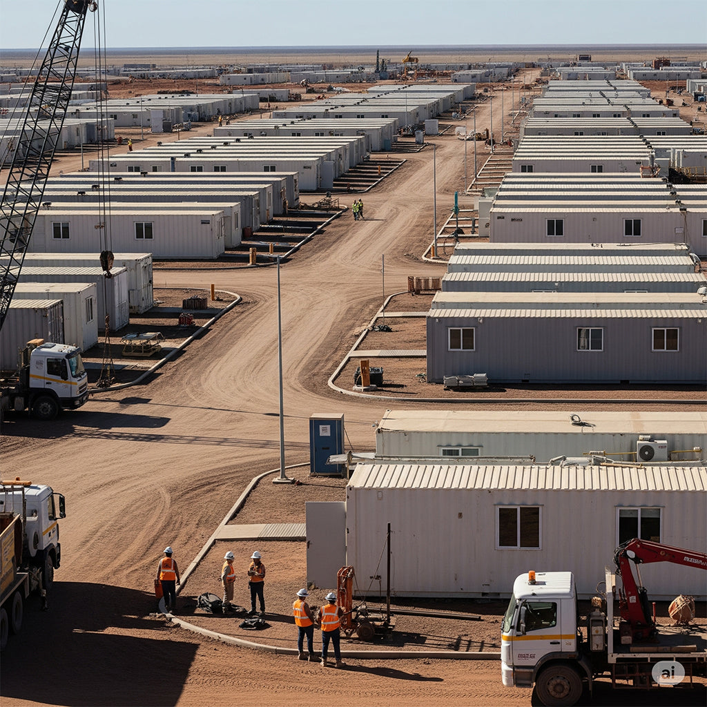 Modular housing units arranged in rows with construction vehicles and workers on a desert landscape.